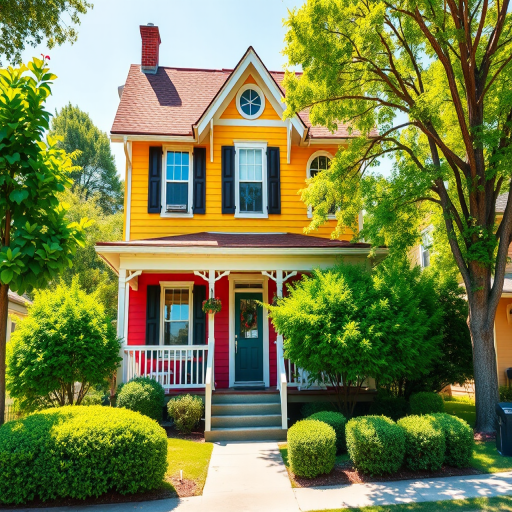 Generate a charming illustration of a colorful two-story house with a front porch, surrounded by lush green shrubs and trees, captured in bright sunlight using a DSLR camera with an aperture of f/8, ISO 200, 35mm lens, and a wide-angle view for enhanced detail and sharpness.