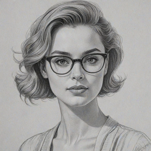 Alluring Zoe Deutch, pencil sketch, portrait of Lovely woman 1955s in glasses, hair style beatnik, outline, clear lines, fine lines, 8k