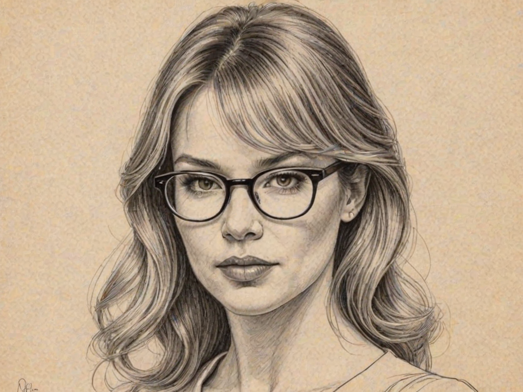 Bewitching Ren'e Zellweger, pencil sketch, portrait of Ravishing woman 1971s in glasses, hair style beatnik, outline, clear lines, fine lines, 8k