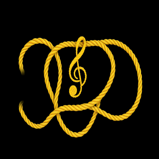 Create a high-resolution image of three intertwined yellow ropes forming musical symbols on a black background, using a DSLR camera with a 50mm lens, aperture set to f/1.8, ISO 100, and a soft focus effect.