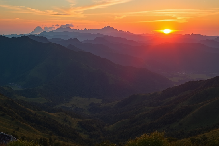Generate a vibrant landscape scene featuring a sunset over a mountain range with lush green valleys, camera settings: ISO 100, aperture f/11, shutter speed 1/125, capture with a wide-angle lens, use a DSLR camera for high-resolution quality.