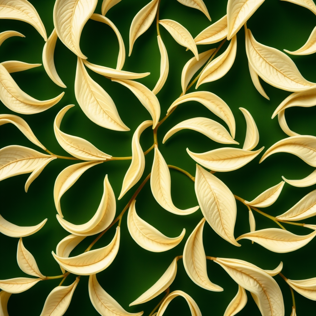 Create an intricate pattern of flowing leaves in pale cream on a deep green background, captured in macro view with a DSLR camera set to f/2.8, ISO 100, and a shutter speed of 1/200s, using a natural light style for soft shadows and rich color depth.