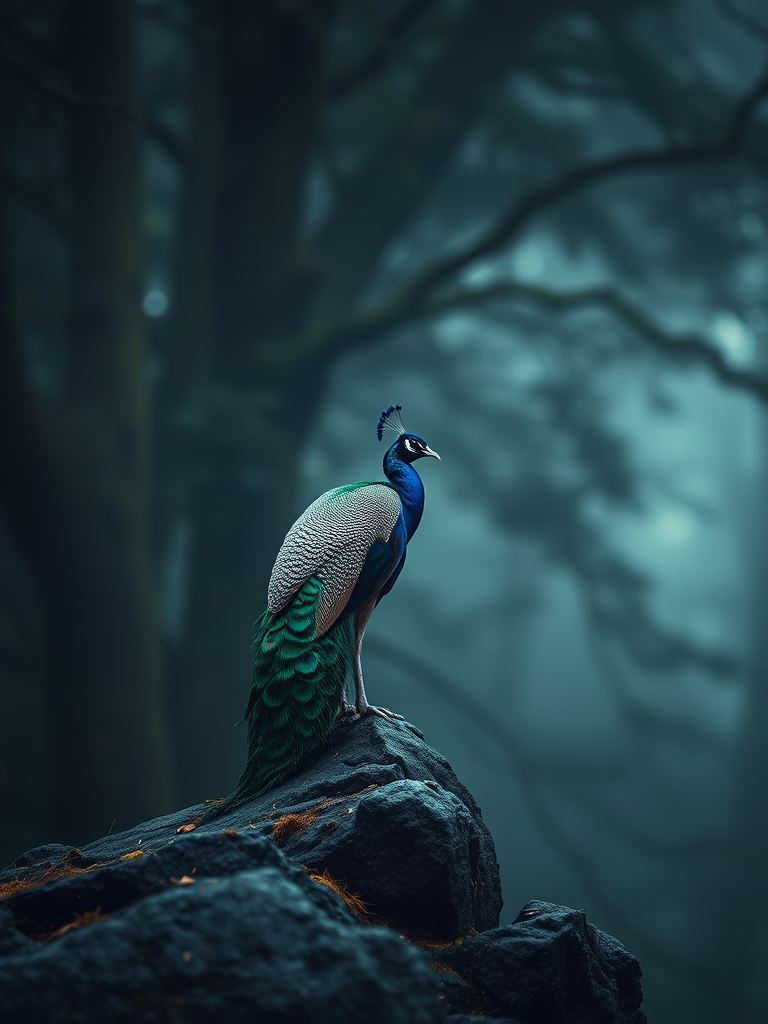 a majestic peacock perched on a rocky outcrop in a misty forest, soft diffused lighting, vibrant colors, Canon EOS R5, 50mm f/1.2 lens, aperture f/4, ISO 100, shutter speed 1/200s, depth of field to accentuate the bird's feathers, ethereal atmosphere