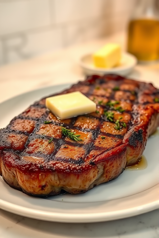 Create an image of a perfectly seared ribeye steak, resting on a white plate with a pat of melting butter on top. The steak is seasoned with fresh herbs like thyme and parsley, with glistening juices highlighting the texture of the meat. The background features a soft focus on a light, marble countertop, with a small dish of butter and an olive oil bottle in the distance. The overall mood should be warm and inviting, capturing the deliciousness and juiciness of the steak.