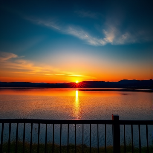 Generate a high-resolution abstract geometric landscape image of a sunset over a lake with a railing in the foreground, using a Canon EOS R5 camera, f/8 aperture, ISO 100, 24mm focal length, shot from eye level, and in HDR style.