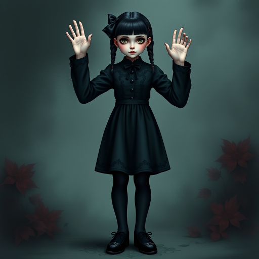 Digital art, full height portrait of Wednesday Addams, standing up with her hands in the air as if in a hold-up. Her dark, gothic attire replaces Alice’s classic blue dress, and she wears black shoes instead of blue. A small, neat black bow adorns her hair, capturing her signature style. The overall composition maintains a whimsical yet eerie tone, similar to Alice in Wonderland, while showcasing Wednesday’s iconic gothic charm.