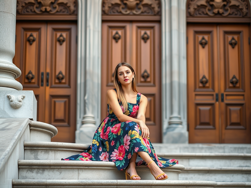 A young woman in a colorful floral dress sitting on elegant stone steps near ornate wooden doors, soft natural lighting, shallow depth of field, taken with a Canon EOS R5, 85mm lens, aperture f/1.8, ISO 100, daylight mode.