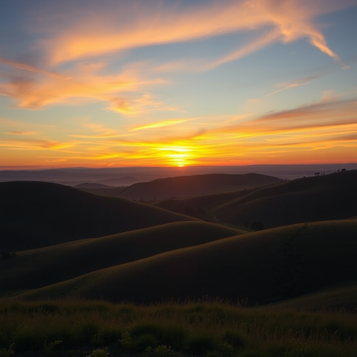 Generate a high-resolution image of a serene landscape featuring rolling hills and a sunrise with vibrant colors, shot with a Canon EOS 5D Mark IV, 24mm lens, aperture set to f/8, ISO 100, in landscape orientation, using a soft focus style.
