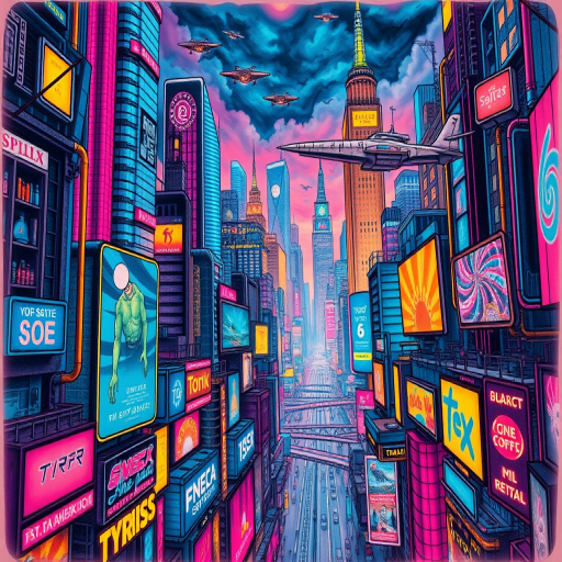 Cyberpunk cityscape tattoo depicting a futuristic metropolis with neon lights, holographic advertisements, and flying vehicles, rendered in a vibrant color palette with glowing effects