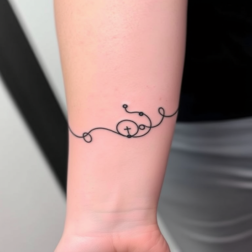 Minimalist single-line tattoo called "Continuous Journey" showcasing a complex design created with one unbroken line. Intricate curves and loops form recognizable shapes and symbols, telling a story through its flowing path. Fine, precise linework in deep black ink stands out against the skin, creating a striking contrast and modern aesthetic.