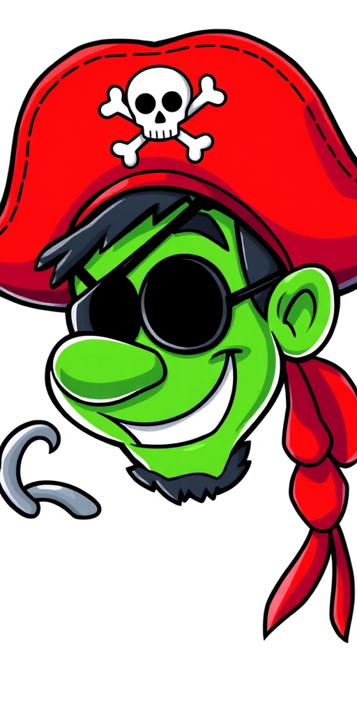 Create a vibrant and colorful cartoon-style image of a cheerful pirate character with a green face, wearing a large red pirate hat with a skull and crossbones, an eye patch, and a hook for a hand, set against a simple, bright background; use a digital illustration style with high resolution, and apply a 50mm lens setting at f/2.8 for a soft focus effect, ensuring vivid colors and clear details.