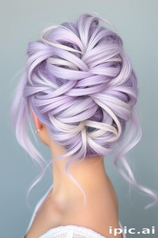 Pastel lavender locks styled in a messy updo with wispy tendrils, the Whimsical Whisper style embodies ethereal charm and dreamy softness, ideal for a fairy-tale inspired look