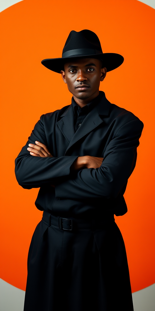 Create an image of a figure in a black hat and outfit with arms crossed, set against a large orange circle background, shot with a Canon EOS R5, 50mm lens, f/1.8 aperture, ISO 100, in portrait mode with soft lighting to enhance shadows and details.