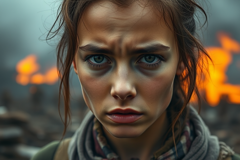 Create a dramatic portrait of a young woman with a distressed expression, surrounded by a war-torn landscape with a fiery background, capturing intense emotions and details, using a Canon EOS R6, 50mm lens, f/1.8 aperture, ISO 100, shutter speed 1/200 sec, in natural light for enhanced clarity and depth.