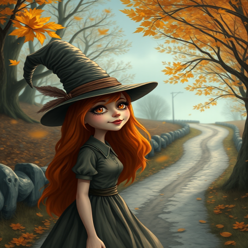 digital art fantasy depicting a strange girl with orange hair, long eyelashes, brown lipstick and a tall hat walking along a winding road on an autumn afternoon, an Oyster smiles as she passes