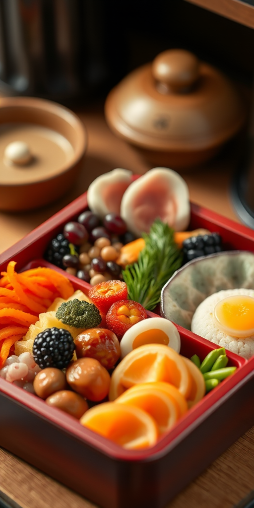 capture a beautifully arranged traditional Japanese bento box filled with colorful ingredients, shallow depth of field, natural lighting, 50mm lens, f/2.8 aperture, Nikon D750