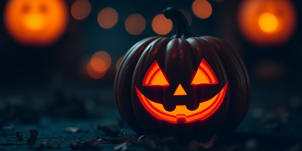 Create a high-resolution image of a smiling pumpkin in a dark, spooky setting, using a DSLR camera with a 50mm lens, aperture f/2.8, shutter speed 1/60s, ISO 200, in a close-up view with soft, warm lighting.