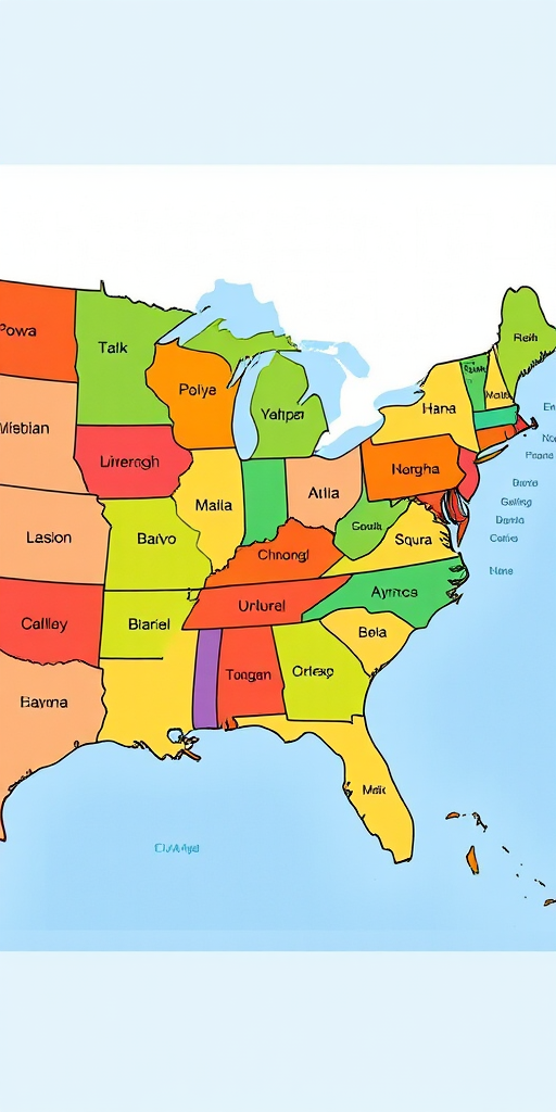 Create a high-resolution map of the United States with each state distinctly colored, include accurate state borders, and label each state clearly, using a Canon EOS R5, 50mm lens, f/8 aperture, ISO 100, and natural lighting for enhanced clarity and detail.