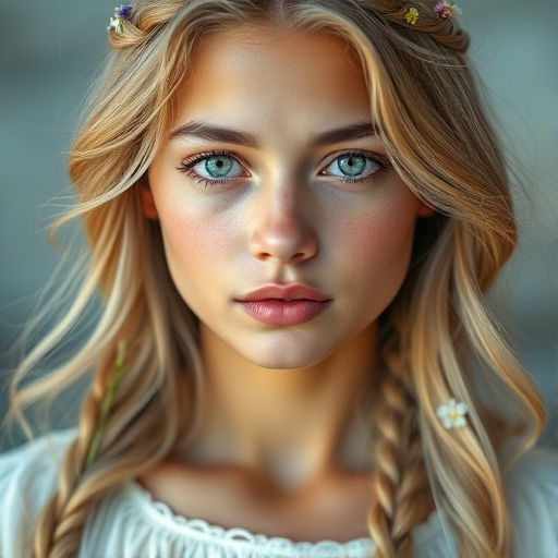Create an image of a young Latino woman with long, wavy blonde hair, adorned with small, colorful flowers woven into her braids and loose strands. Her complexion is fair, with soft, glowing skin, and she has light blue eyes that gaze softly at the viewer. She wears a light, flowing dress with a gentle, ethereal quality, complementing her delicate and serene appearance. The background is slightly blurred, drawing focus to her tranquil expression and the intricate details of the flowers in her hair. The overall mood of the image is one of natural beauty and grace, evoking a sense of peacefulness and connection with nature.