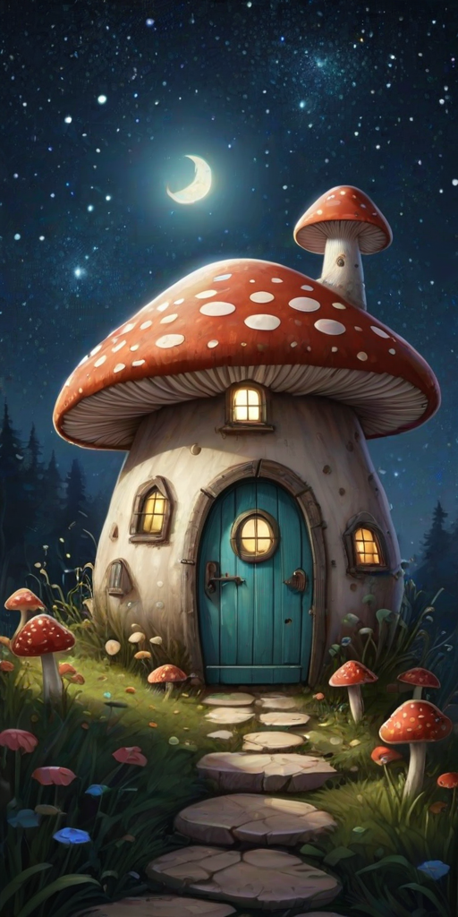 create illustration of a mushroom house with a door and a window, a storybook , fantasy art, mushroom house, bg starry sky, sparkles