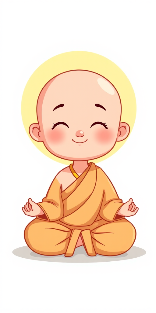 create a digital illustration of a cartoon-style monk sitting in a meditative pose with a peaceful expression, surrounded by a bright yellow halo, use a soft color palette, ensure high resolution, use a DSLR camera, aperture f/2.8, 35mm lens, soft focus background for enhancement