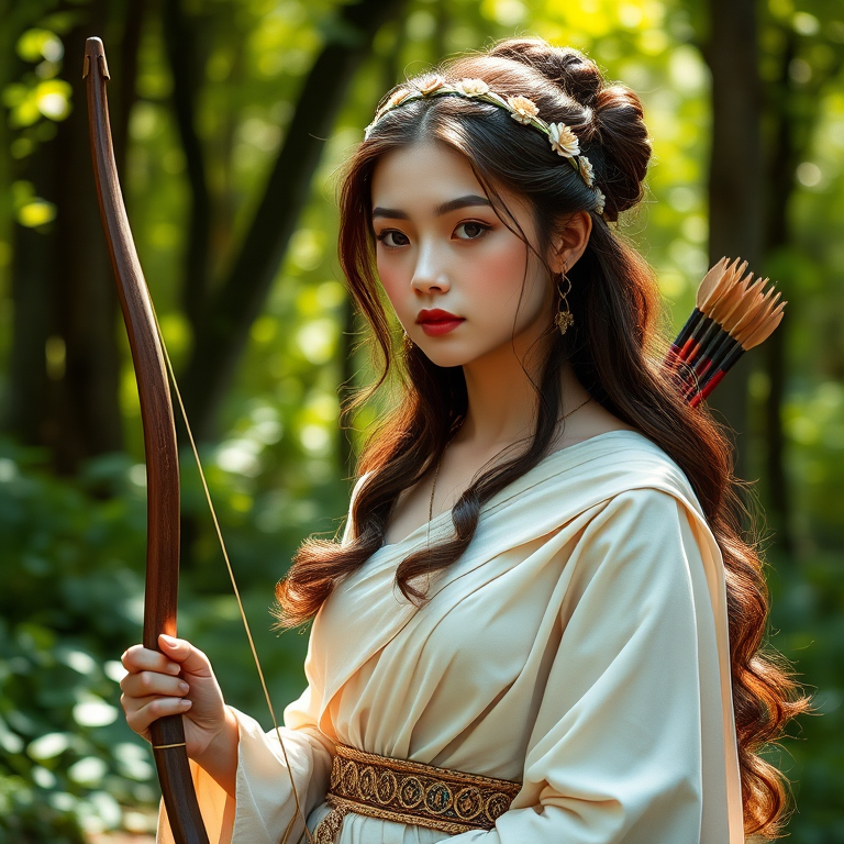 Create a portrait of a goddess-like Uyghur girl figure in a tranquil, forested environment. She has an elegant appearance with long, wavy hair styled in an updo and adorned with a delicate, floral headband. She wears a flowing, ancient Greek-inspired gown in a soft, pale color, featuring a one-shoulder design and draped fabric that accentuates her graceful form. The outfit includes a decorative belt with ornate gold detailing, and she holds a bow in her hand, with a quiver of arrows slung over her shoulder. The background depicts lush greenery, with sunlight filtering through the trees, casting a gentle, ethereal light on the scene. Her expression is calm and contemplative, embodying a sense of wisdom and serenity.