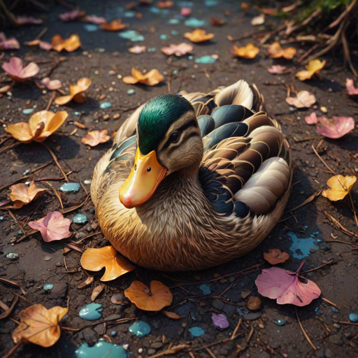 Stunning image of a cute adorable tired looking wacky duck laying flat on the ground, no emotions, moody, grainy, noisy, concept art, by Alberto Seveso, Cyril Rolando, Dan Mumford, Meaningful Visual Art, Detailed Painting, Digital Illustration,