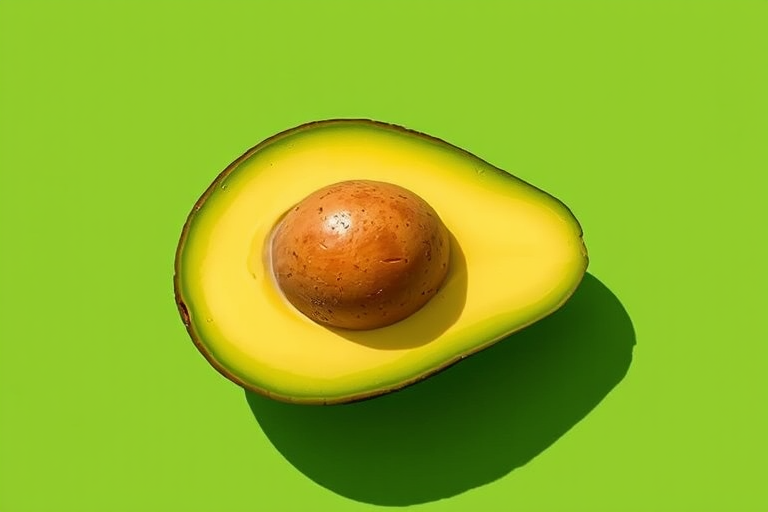 Create a high-resolution illustration of a sliced avocado showing its pit, with a vibrant green background and a long shadow effect, using a Canon EOS R5 camera, f/4 aperture, 50mm lens, ISO 100, low-angle view, with a flat lay style for enhanced clarity and detail.