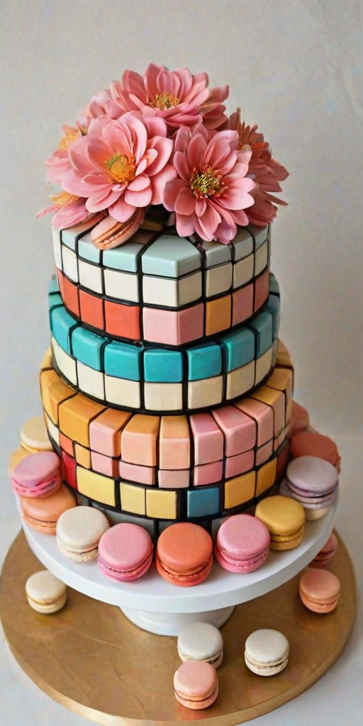 Create an image of a multi-tiered cake designed to resemble a Rubik's Cube. The cake should have a smooth finish with pastel colors, including pink, white, and gold. Decorate the cake with delicate macarons, edible flowers, and some textured elements. The overall look should be elegant and modern, with a clean and artistic presentation.