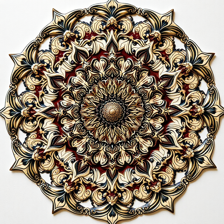 Regenerate a detailed mandala design featuring intricate floral patterns with swirling vines and shapes, using a macro lens at f/2.8, 50mm focal length, ISO 100, evenly lit softbox lighting, and capturing the image from a top-down view.