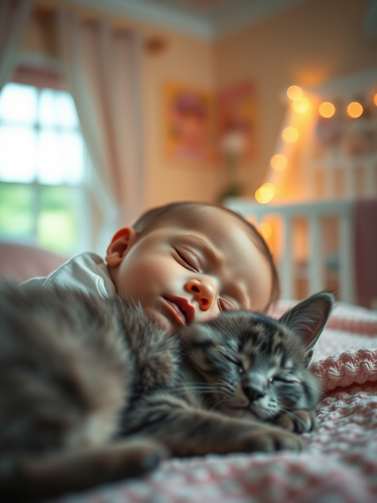 A serene scene of a sleeping baby in a cozy, softly lit nursery with warm pastel colors, peacefully resting against a fluffy gray kitten, captured with a Canon EOS R5, 50mm f/1.2 lens, f/1.8 aperture, ISO 100, with a shallow depth of field to create a dreamy bokeh effect.