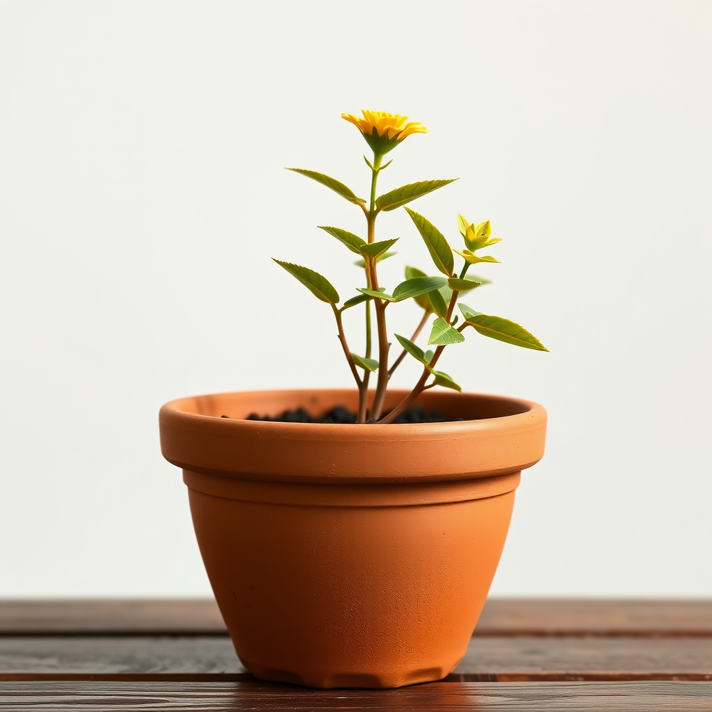Create a high-resolution illustration of a terracotta flower pot against a simple background, using a Canon EOS R camera, 50mm lens, f/2.8 aperture, ISO 100, and a shallow depth of field to enhance details and focus.