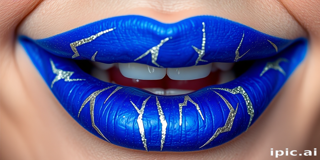 Electric blue lips with lightning bolt patterns in silver, named "Thunderstruck," make a dramatic statement with a matte finish and subtle glitter for edgy music festivals