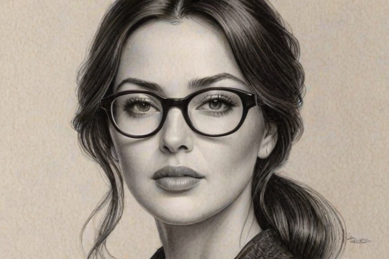 Dazzling Monica Bellucci, pencil sketch, portrait of Resplendent woman 1934s in glasses, hair style beatnik, outline, clear lines, fine lines, 8k