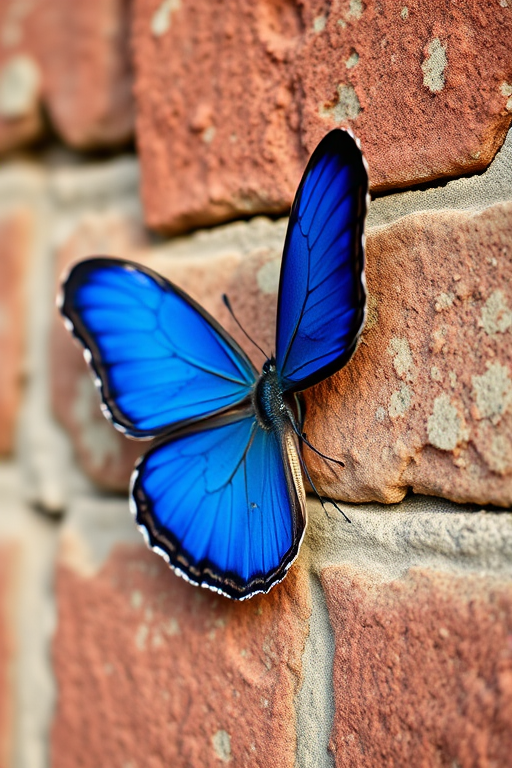 a close-up of a vibrant blue butterfly resting on a textured, weathered brick wall, natural light, aperture f/8, shutter speed 1/250s, ISO 100, macro photography, DSLR camera, 50mm lens