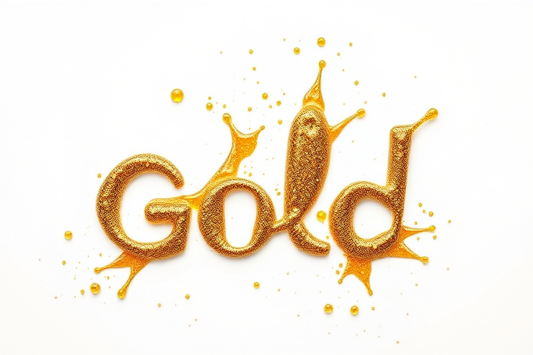 Create a vibrant, high-resolution graphic of the phrase "Liquid Gold" with splashes of golden droplets on a white background, using a Canon EOS R5 camera, 50mm lens, f/1.8 aperture, ISO 100, 1/250s shutter speed, with soft natural lighting and a focus on texture details.