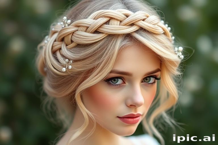 Pale rose gold hair arranged in an intricate milkmaid braid crown with wispy tendrils framing the face, adorned with tiny pearl accents for a romantic, fairy-tale look named Blush Garland