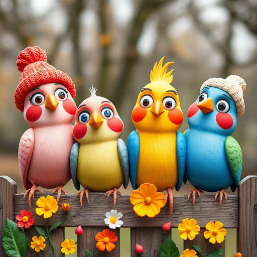 create a scene of 4 quirky  whimsical colourful comical birds each with a funny expression. they are sat on a wooden fence with colourful flowers. they are all different sizes. each one is a different colour  one is wearing a woolly hat. Each one has a different quirky google expression and there is a muted background of trees watercolour paintierly style high definition 8k resolution 3D paper mache
