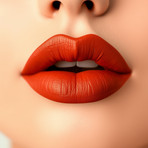 Mesmerizing image of matte terracotta lips with a bold outline, emphasizing natural texture and fullness, captured in sharp detail against a neutral background