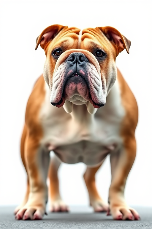 high-resolution image of a standing bulldog with a clear background, shot with a DSLR camera at 50mm, f/2.8 aperture, ISO 100, natural lighting, shallow depth of field, focus on the dog's facial features and muscular structure