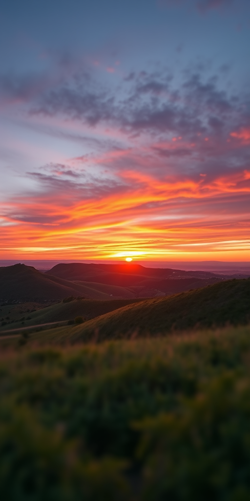 Create a high-resolution image of a serene landscape at sunset, featuring rolling hills and a vibrant sky with orange and purple hues, captured with a Canon EOS R5, 50mm lens, f/1.8 aperture, ISO 100, using a soft focus style for a dreamy effect.