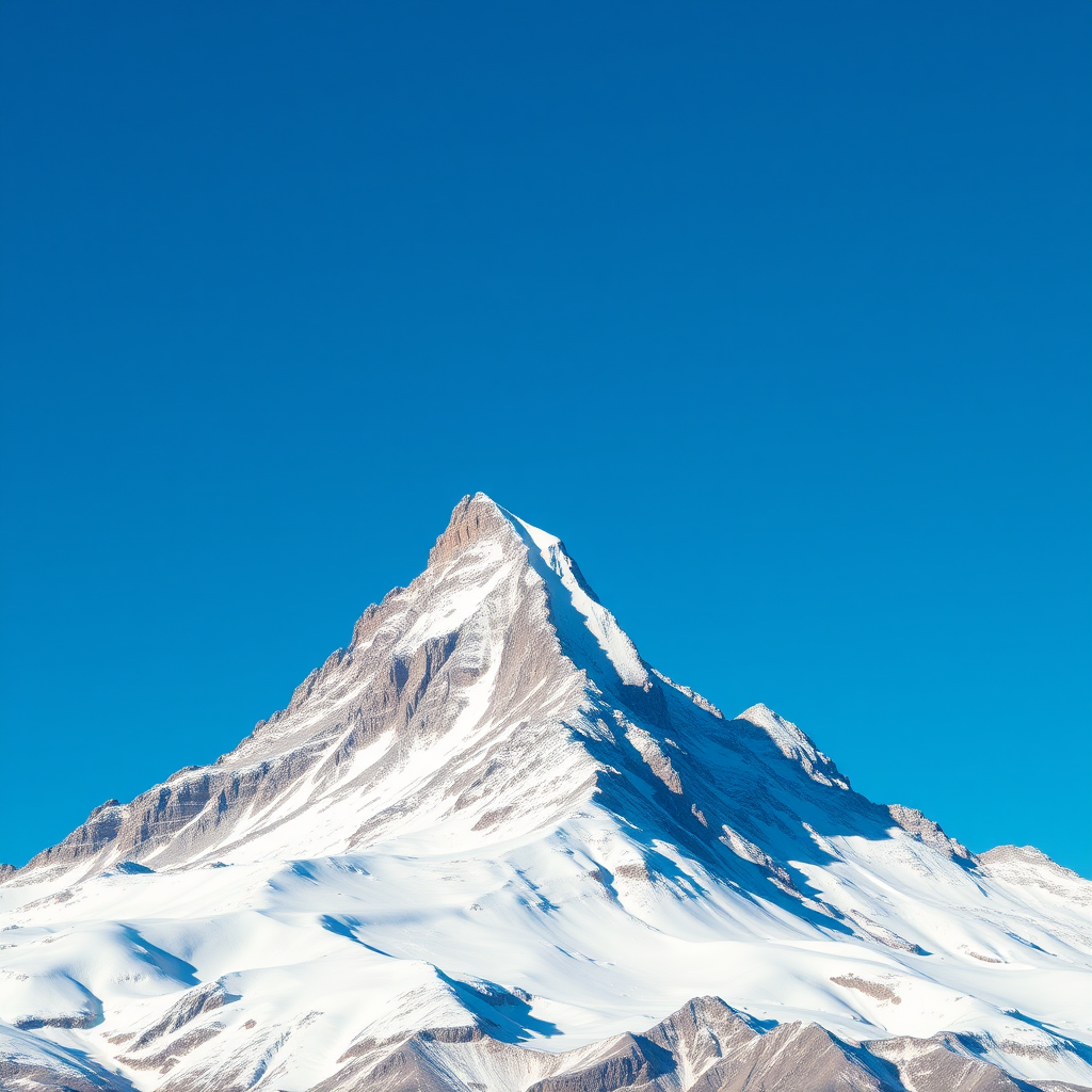 High-resolution image of a snow-capped mountain peak under a clear blue sky, shot with a DSLR camera at 24mm focal length, aperture set to f/8, ISO 100, in landscape orientation with soft lighting and vivid colors.