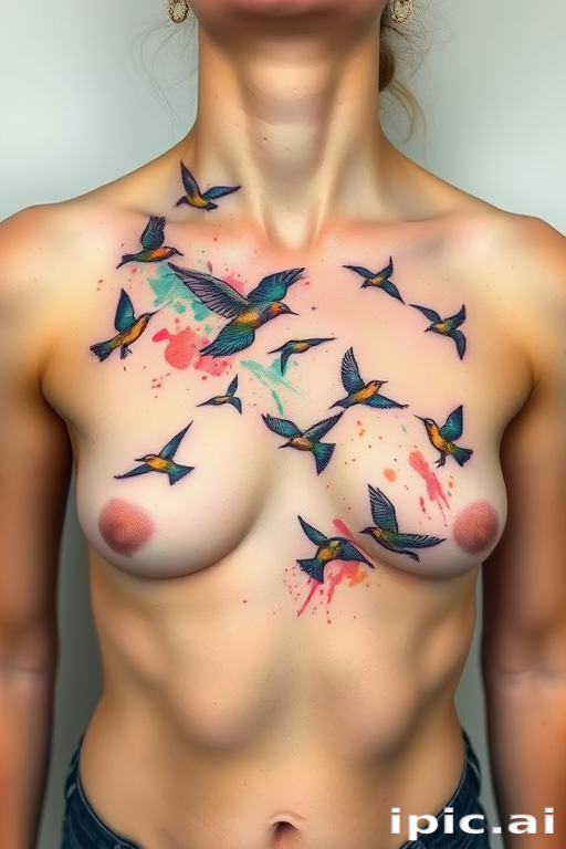 Whimsical watercolor body tattoo depicting a flock of birds in flight across the collarbone and chest, with splashes of vibrant color and loose, flowing lines