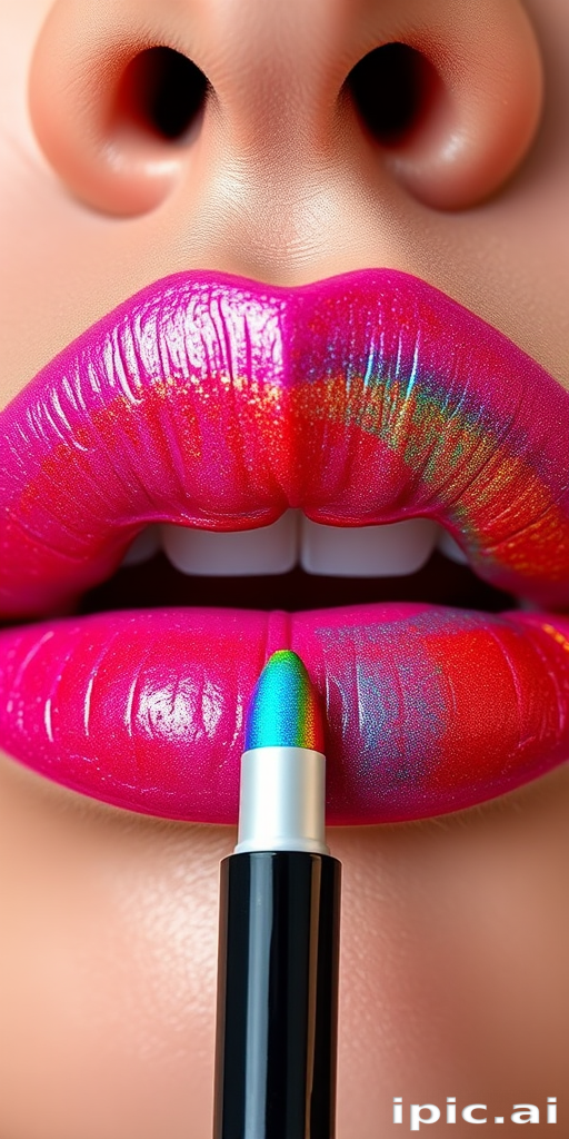 Whimsical "Rainbow Prism" lip stain creates a multihued effect on precisely lined lips, featuring a unique formula that shifts colors as light reflects off the surface