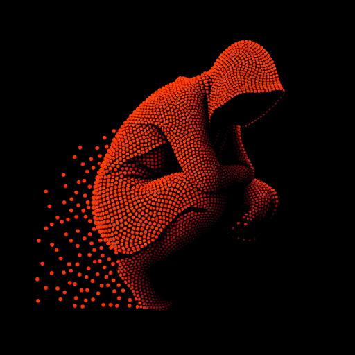 Create an abstract depiction of a crouching figure using a dot style with vibrant orange and black contrasts, captured with a DSLR camera at f/2.8, ISO 100, 50mm lens, in a high-contrast lighting setup, emphasizing texture and shape.