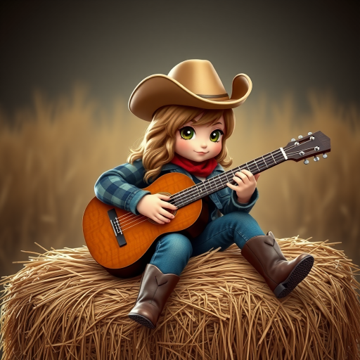 A chibi angelina jolie, dressed as a cowboy, playing guitar, sitting on a hay bale