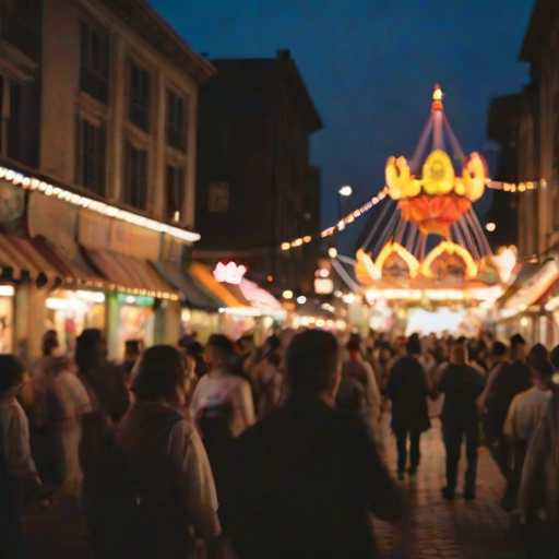 Blurry, fast-paced image of a street carnival at night, colorful lights flashing in the darkness, the sound of music and laughter filling the air, people in the background spinning on rides, soft shadows cast by the glowing lights.
