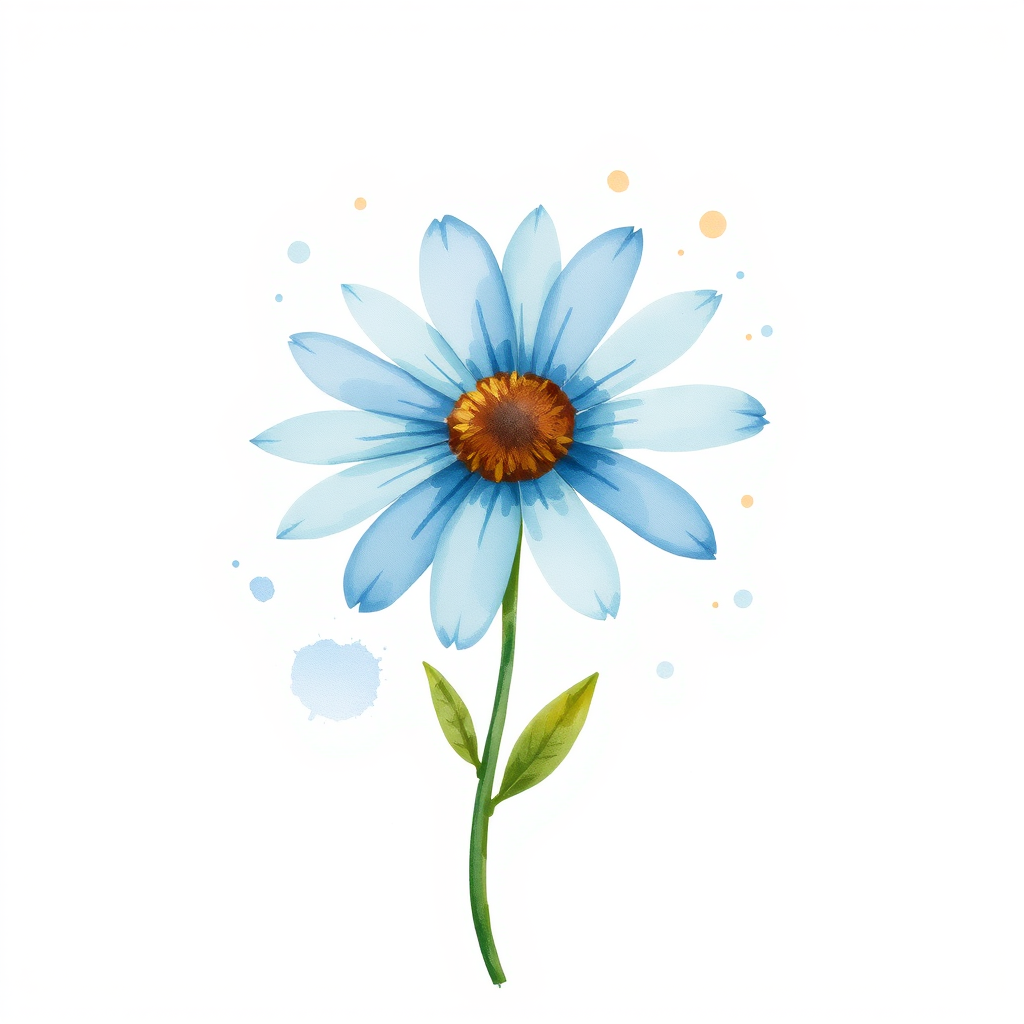 A single blue daisy flower in a loose, whimsical watercolor style. The petals are unevenly spread, with soft blue and brown tones. The stem is thin and slightly curved, with two green leaves, while watercolor splatters create an organic, artistic effect around the flower. The background is light beige with natural watercolor textures and splashes.