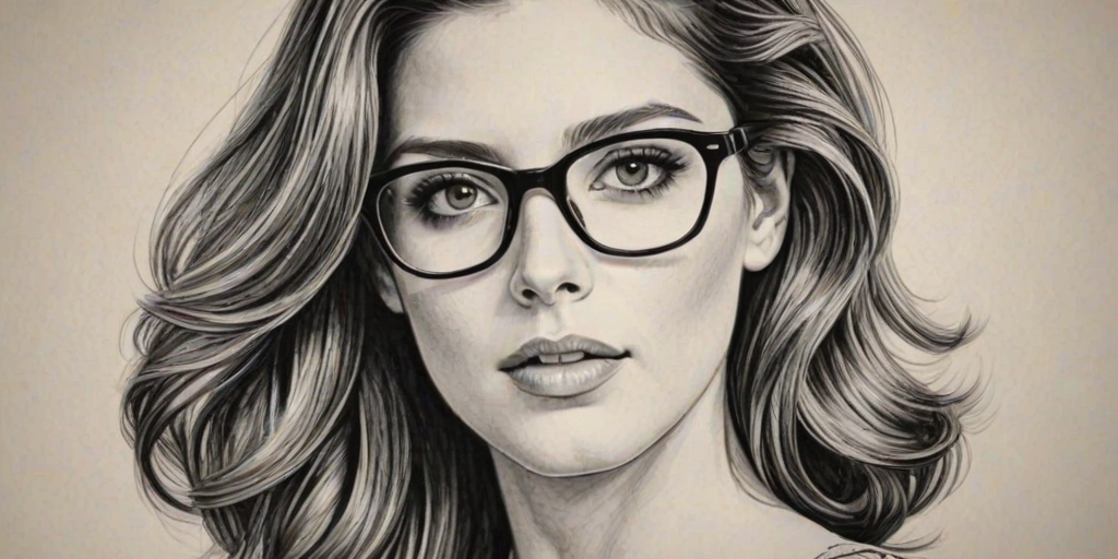 Dazzling Ashley Greene, pencil sketch, portrait of Beauteous woman 1942s in glasses, hair style beatnik, outline, clear lines, fine lines, 8k