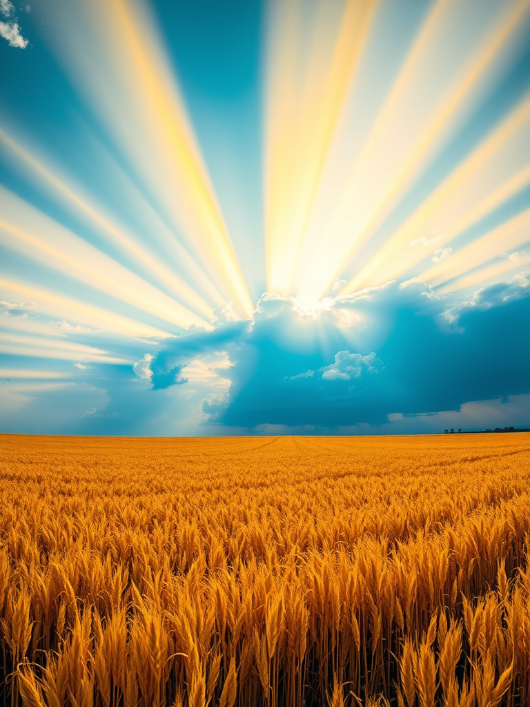 Regenerate the image of a vast golden field under a vibrant sky with yellow and blue rays radiating from the horizon, captured using a DSLR camera with a 24mm lens, f/8 aperture, ISO 100, and a panoramic view to enhance the details and colors.